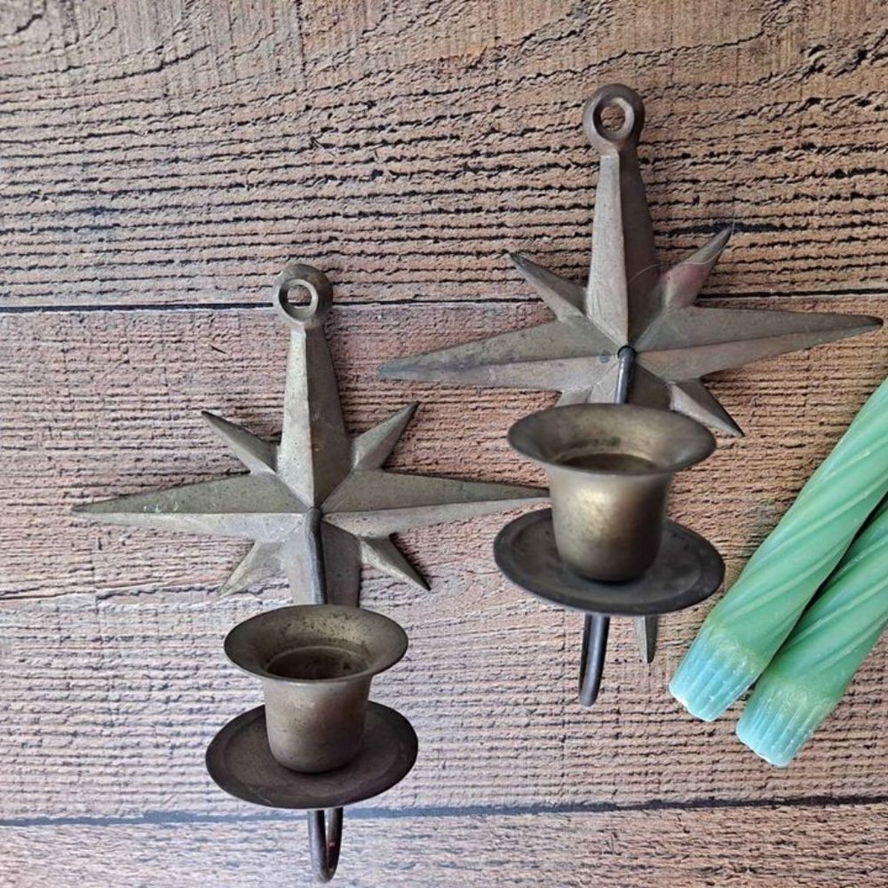 Vintage MCM Mid-Century Brass Star Candle Sconces